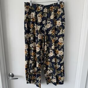 Blue Tropical‎ Floral Print Linen Blend Pull-On Pants Womens Size M